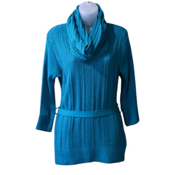 Vintage Y2K IZ Byer Teal Blue Belted Sweater Tunic with Removable Scarf LG - Picture 1 of 16